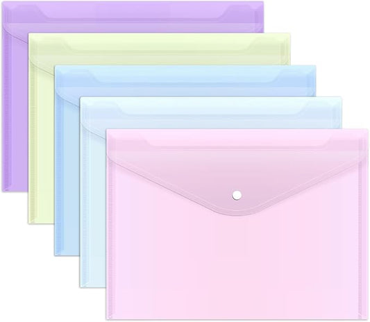 EOOUT 5pcs Plastic Envelopes Folders, Plastic Poly Folders for Documents, File Folders with Snap Closure, A4 Size, Letter Size, for School and Office Supplies