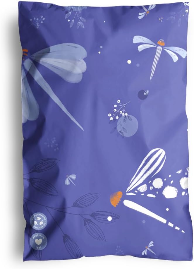 Poly Mailers 6 x 9 Inch - 100 pack Biodegradable Shipping Bags for Stationery and Small Accessories - Impack Self-Seal Waterproof Thick Mailing Envelope for Small Items - Purple Dragonfly