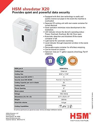 HSM of America Shredstar X20 Cross-Cut Shredder, 20 Manual Sheet Capacity | HSM1051W