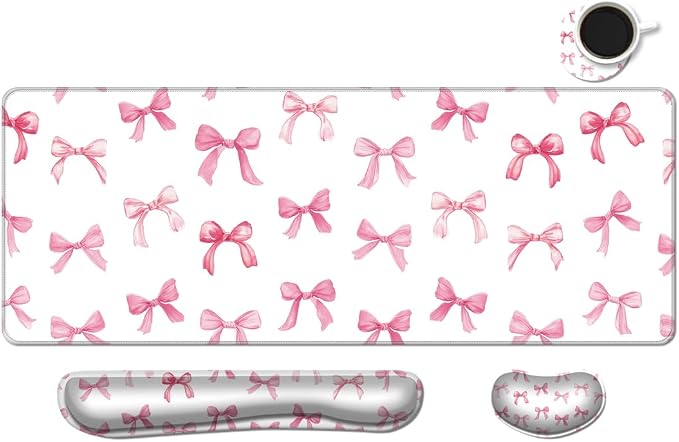 MIBITRI Keyboard Mouse Pad Set, Extended Gaming Mouse Pad+Ergonomics Keyboard Wrist Rest Support, Memory Foam, Easy Typing Pain Relief, 4Pcs XXL Ultra Thick Desk Mat, Pink Bows