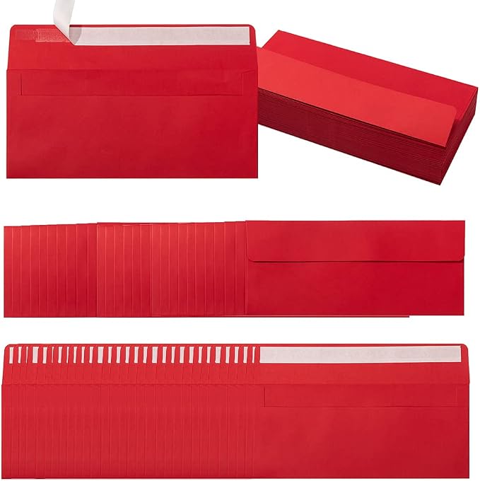 100 Pack Colored #10 Business Envelopes, 4.13 x 9.49 Inches, Red | Self Seal, Standard Envelopes, For Office Checks, Business Letter Mailing, Greeting Card
