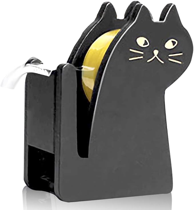 Cute Cat Tape Dispenser,Vintage Wooden Kitty Tape Cutter with 1 Roll Tape for Home Office Desktop Accessory (Black)