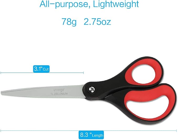 LIVINGO 8" Scissors All Purpose 3-Pack, Titanium Ultra Sharp for Office | Premium Stainless Steel, Heavy Duty, Comfort Grip, Home & School, Sewing & Crafting DIY Cutting Fabric Paper