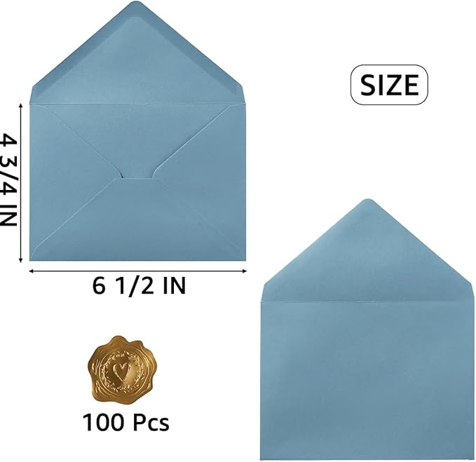 100 Pieces A6 Envelopes Colorful 4x6 Envelopes with Gold Stickers for Greeting Cards, Birthday, Weddings, Baby Shower Invitation Cards (Dusty-Blue, 6 1/2 x 4 3/4 Inches)