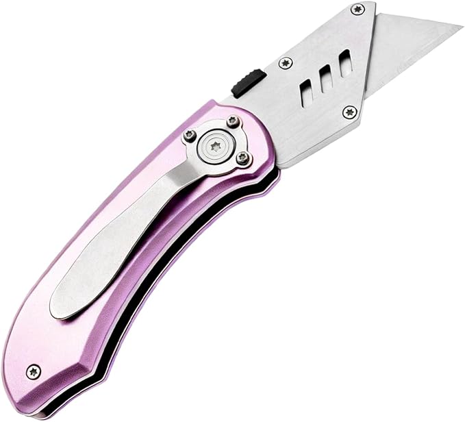 Utility Knife Folding Safety Lock Quick Change with 10 Extra SK5 Replacement Blade Lightweight Aluminum Handle & Pocket Clip Multi-Use Box Cutter Office Home Art Diy Great Gift Choice (New.Pink)