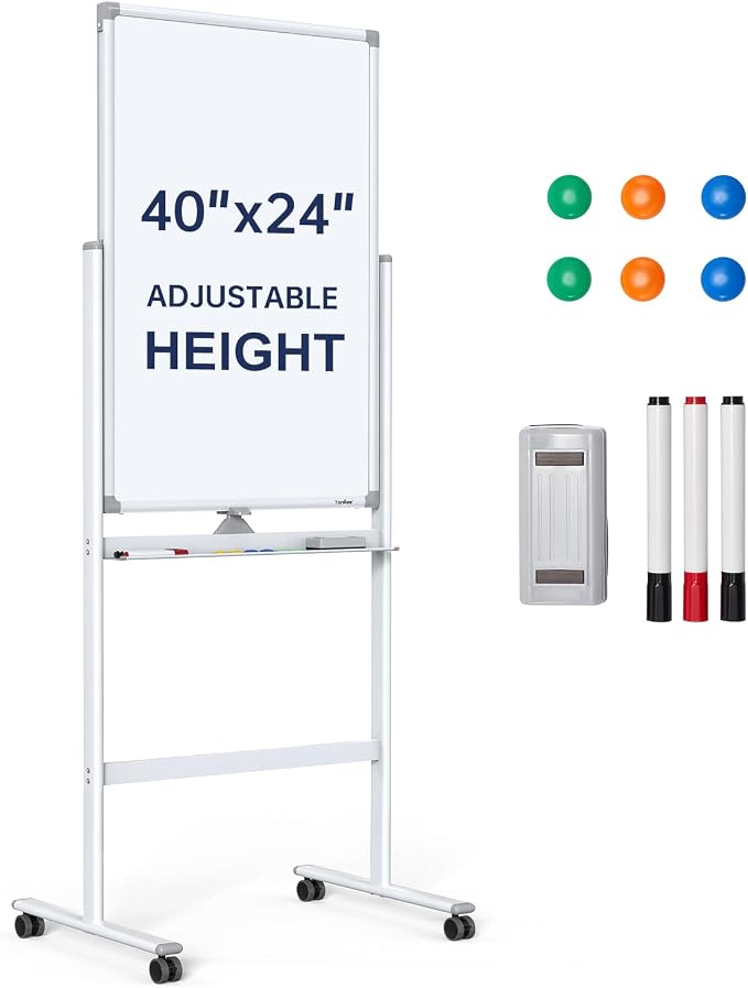 Rolling Whiteboard 40”x24” Standing White Board Dry Erase Board on Wheels | Height Adjustable, Magnetic Surface, Dry Erase, With Stand, Ideal for Classroom, Office, School, Home, Homeschooling, Teacher