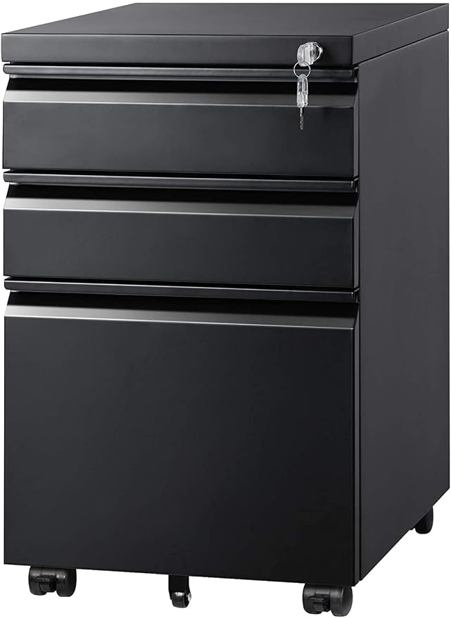DEVAISE 3 Drawer File Cabinet with Lock, Fully Assembled Except Casters | Metal Filing Cabinet Under Desk for Home Office, Fits Letter/Legal/A4 Size, Black