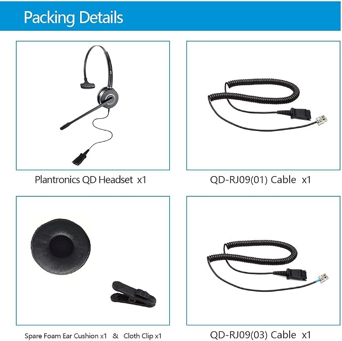 Telephone-Headset with Noise-Cancelling Microphone – Call Center Quick Disconnect (QD) Headset with RJ09 Cables, compatible with Yealink, Grandstream, Polycom, Snom, Fanvil, and Mitel Phones (Mono)