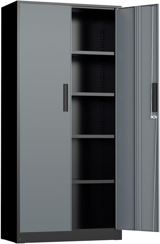 Metal Storage Cabinet, 72" Locking Steel Cabinets with 2 Door and 4 Adjustable Shelves, Tall Metal Cabinet for Home Office, Garage, Warehouse,(Black+Grey)