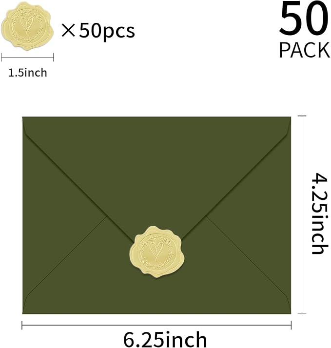 50 Pack 4x6 Envelopes A4 Envelopes for Invitations (50, Olive green) | YINUOYOUJIA Self Seal Envelope for Weddings, Invitations, Photos, Postcards, Greeting Cards, Mailing
