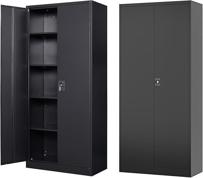 Fesbos Metal Storage Cabinet-71” Tall Steel File Cabinets with Lockable Doors and Adjustable Shelves-Black Steel Storage Cabinet for Home,Kitchen, School, Office, Garage