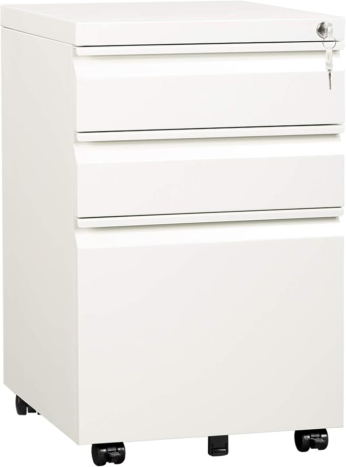 DEVAISE 3 Drawer Mobile File Cabinet, Fully Assembled Except Casters | Under Desk Metal Filing Cabinet with Lock for Home Office, Fits Letter/Legal/A4 Sizes, White