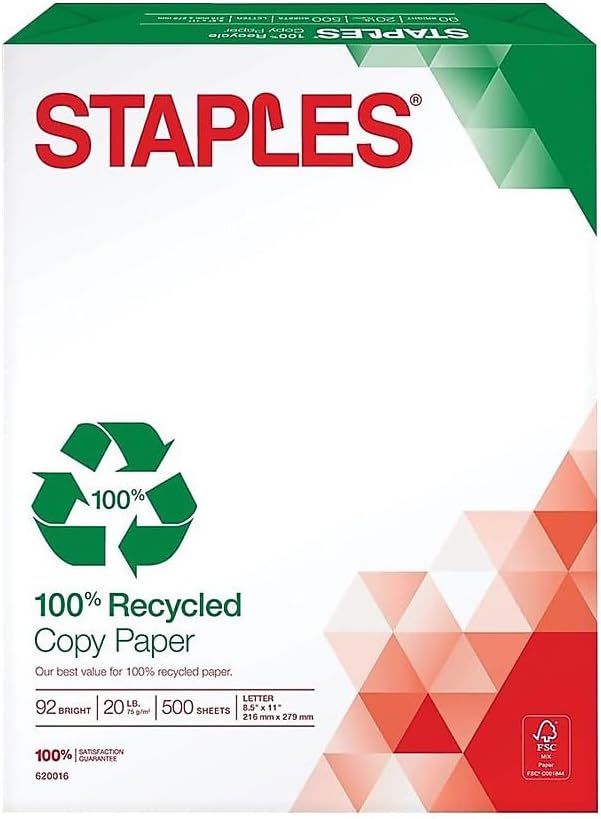 Staples 100% Recycled 8.5-Inch x 11-Inch Copy Paper 20 lbs 92B 500/Ream 10 Ream/Count, For Office, School & Home
