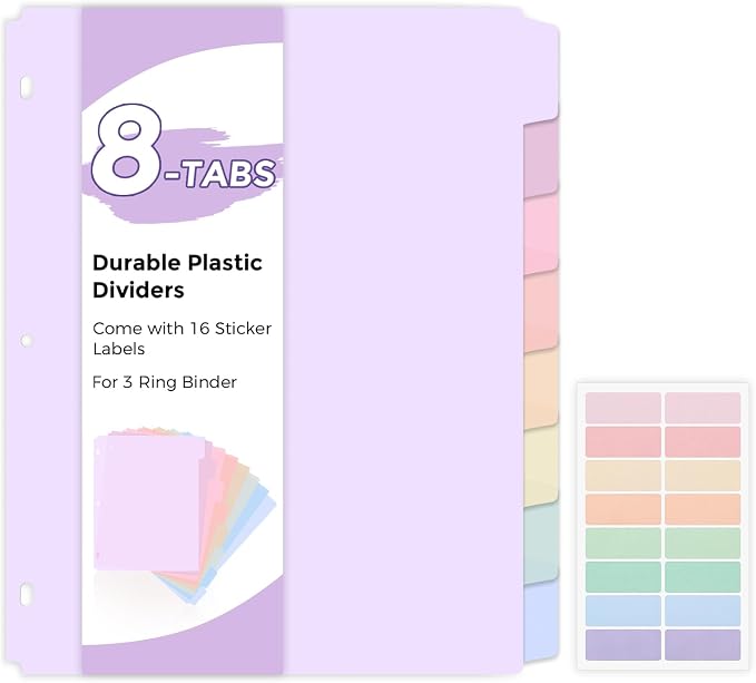 SKYDUE 8 Tab Write & Erase Durable Plastic Dividers for 3 Ring Binders | Binder Dividers for Letter Size, Aesthetic Pastels Binder Divider Organizers for Student, Teacher, Office, 1 Set