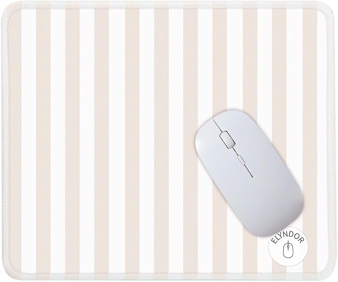 Mouse Pad for Desk with Stitched Edge, Premium Cute Washable Mouse Pads. Computer Mousepad with Non-Slip Rubber Base, Mousepads for Laptop, 9.25x7.75x0.12 inch (Cream Stripes)