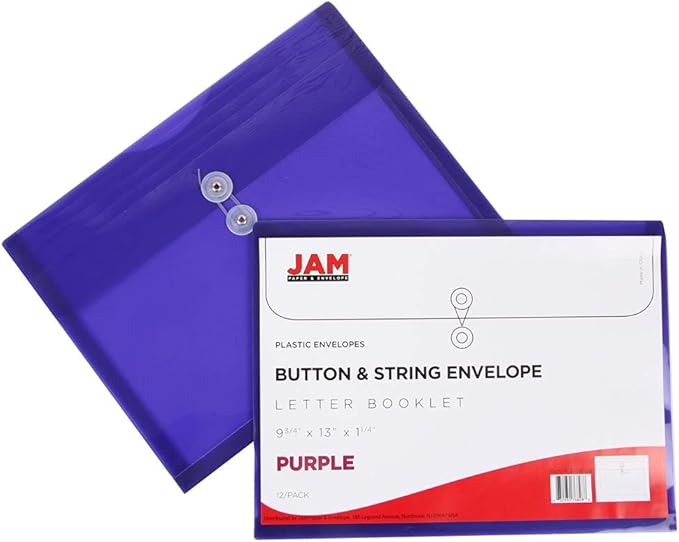 JAM PAPER Plastic Envelopes with Button & String Tie Closure - Letter Booklet - 9 3/4 x 13 - Assorted Primary Colors - 6/Pack
