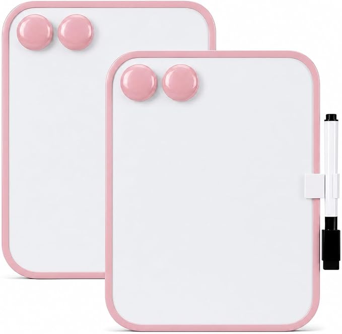 2 Pack Magnetic Dry Erase Board 6" x 8", Mini Whiteboard with Marker, Magnets & Pen Holder, Small Magnetic Whiteboard for Fridge, Locker, Office Desk, Kitchen, School & Home Organization(Pink)
