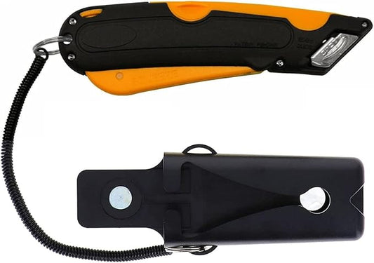 Veltec EZ-1000 Safety Box Cutter Utility Knife, 3 Blade Depth Setting, Squeeze Trigger and Dual Side Edge Guide, 2 Blades, Holster and Lanyard (Orange)