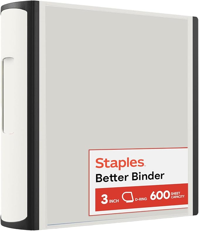 Staples Heavy-Duty 3-Inch D-Ring Binder, White – Large Capacity 3-Ring Binder with Pockets, Holds Up to 600 Sheets