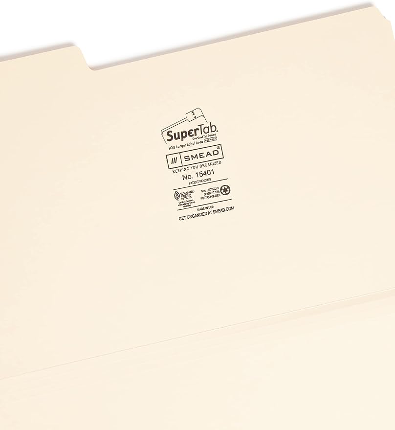 Smead SuperTab Heavyweight File Folder, Oversized 1/3-Cut Tab, Legal Size, Manila, (15401) (Pack of 5)
