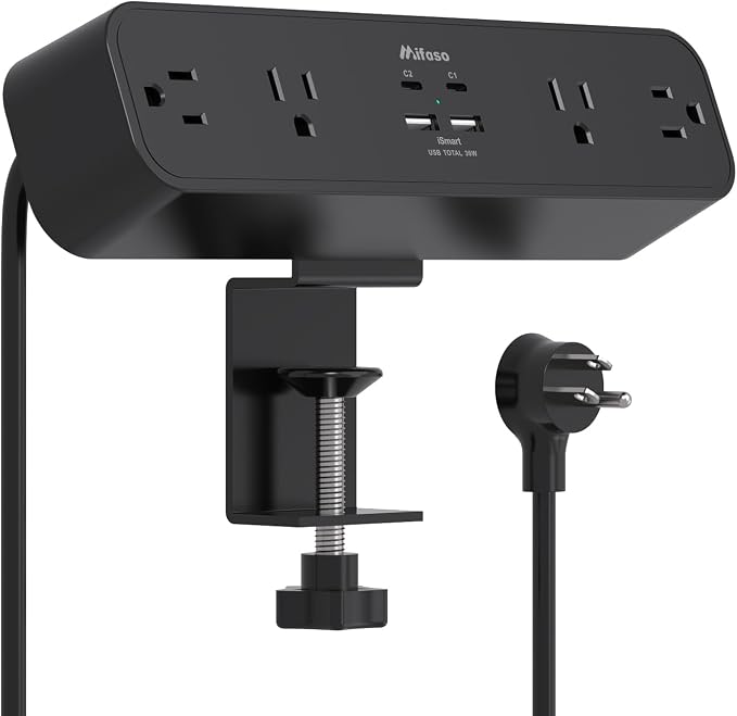 Mifaso PD30W Desk Clamp Power Strip, Surge Protector, Fast Charging Station | 4 Outlets, 4USB (2USBC), Desk Organizer Gaming Accessories Office Essentials, 5FT Cord, Fits 1.96" Tabletop Edge Shelf, Black