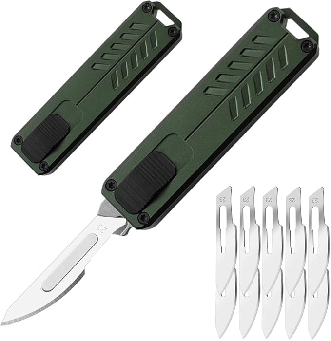 Automatic Utility Knife, Safety Auto Box Cutter Retractable, EDC Push Button Exacto Scalpel Knife, 10PCS #23 Razor Blades Pocket Knives with Clip