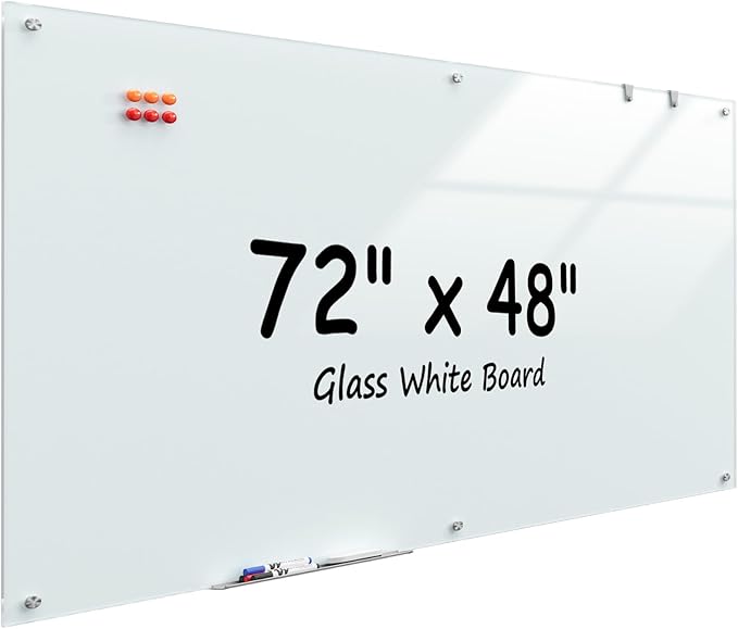 MaxGear 72" x 48" Glass Whiteboard Wall Mounted for Office Home Classroom | Magnetic Glass Dry Erase Board, Tempered Glass, Steel Backed, Non-Porous Surface, Frameless Design, Hardware Included