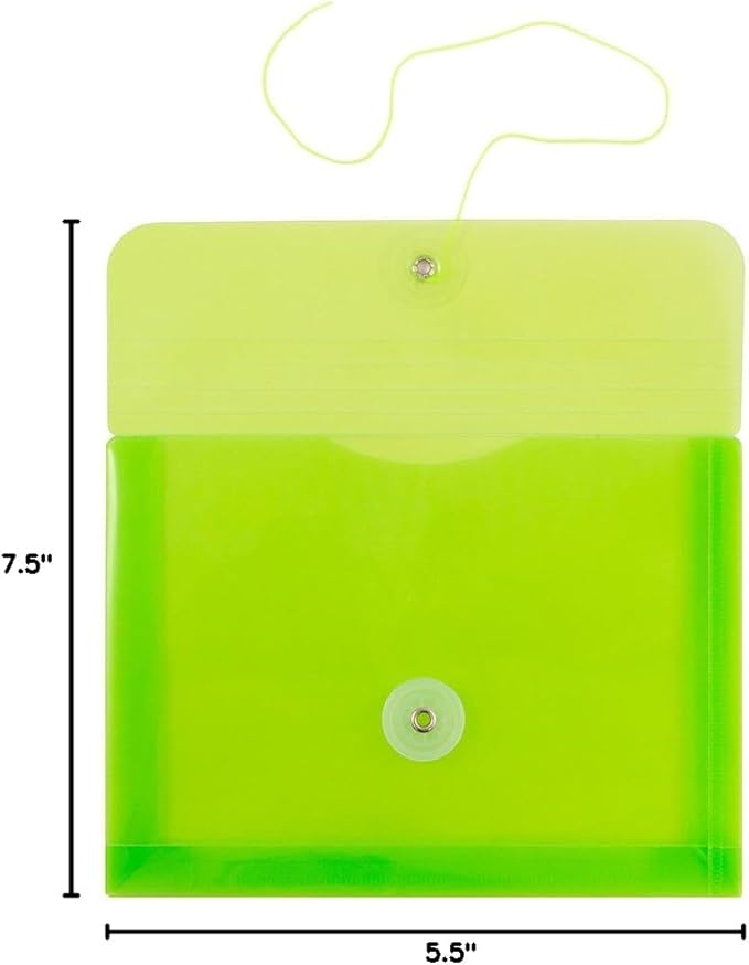 JAM PAPER Plastic Envelopes with Button & String Tie Closure - Index Size - 5 1/2 x 7 1/2 - Lime Green - 12/Pack