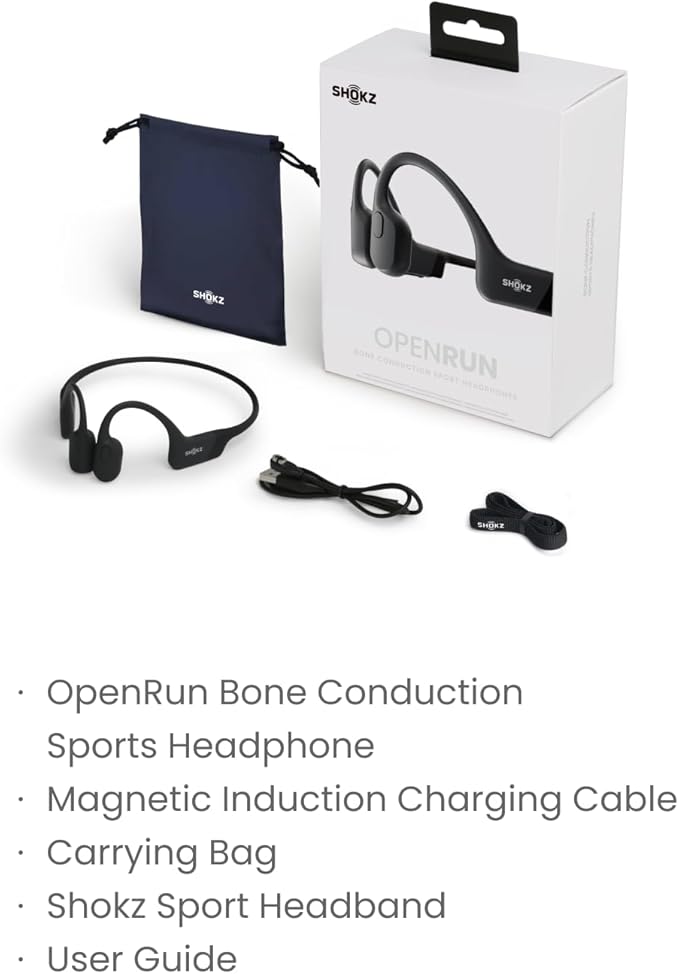 SHOKZ OpenRun Bone Conduction Open-Ear Bluetooth Sport Headphones, Running Workout Bundle with Waterproof Carrying Case & Sweat Headband, IP67 Sweat Resistant, 8H Playtime, Mic, Black