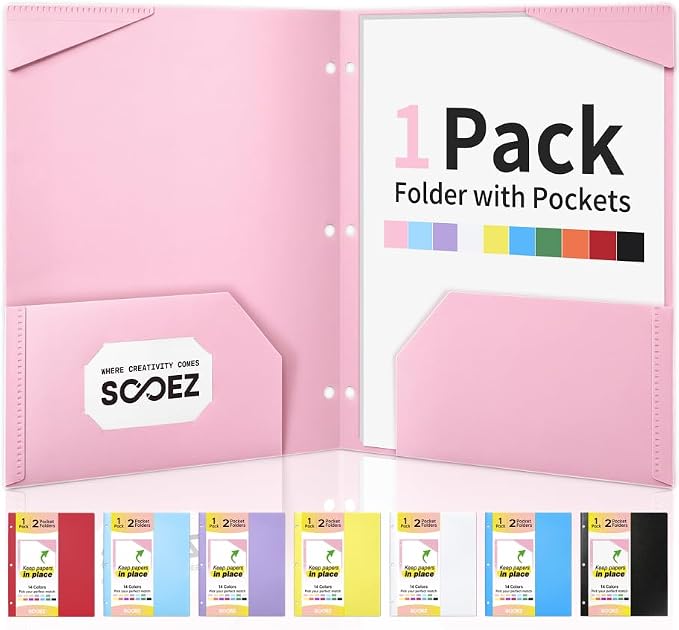 Sooez 2-Pocket Folders, Plastic Folders with Pockets 3 Hole Punched | 1 Pack Pockets Folder for 3 Ring Binder with Labels, Heavy Duty Binder Folder for Document, Letter Size File Folder,Pink