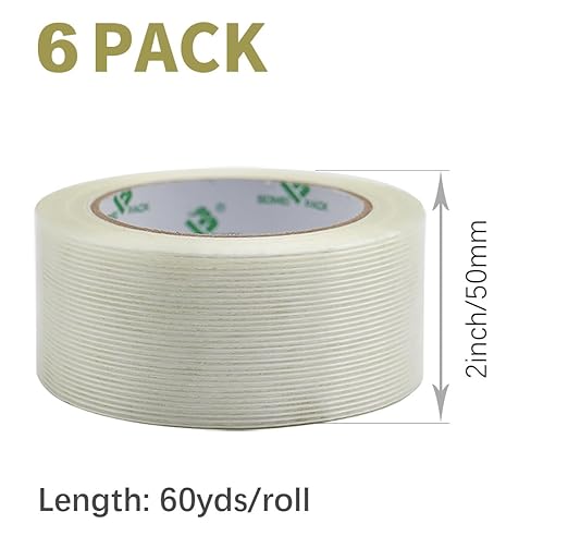 BOMEI PACK 6PACK Reinforced Packing Tape, 5.5Mil 2Inx 60Yds, Heavy Duty Fiber Strapping Adhesive Packaging Tape