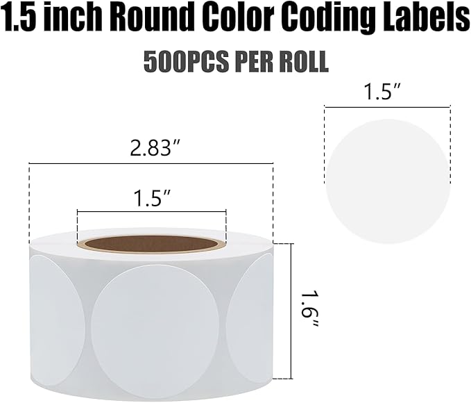 Hybsk White Color Coding Dot Labels Round Semi Gloss Paper Stickers Adhesive Label (1.5 inch)