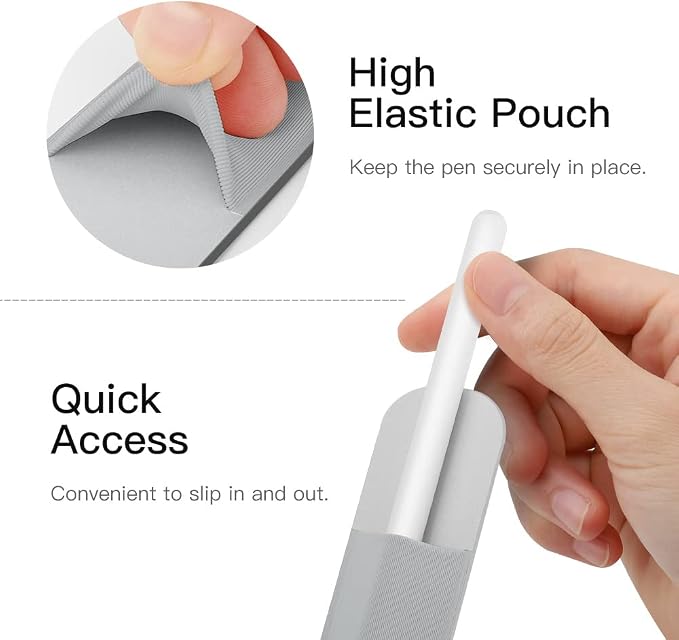MoKo Adhesive Pencil Case Holder Sticker for Apple Pencil, Silver Grey | Elastic Pencil Pocket Pouch, Adhesive Sleeve, Attached to iPad Case, For Pro/USB-C/1st/2nd Gen and Similarly Stylus Pens