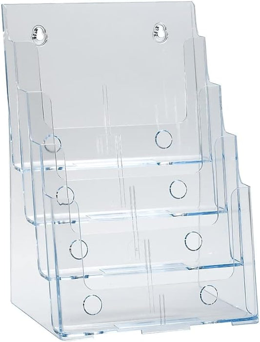 Azar Displays 252376 Four Tier, Four Pocket Letter Brochure File Holder for Flyer, Office Supplies, Paper Document or Magazines, Clear Organizer for Wall and Counter Desktop Stand, 8.5" x 11"