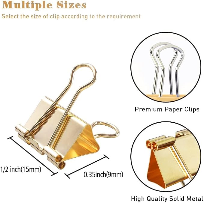 Mini Binder Clips, 120 Pack, 5/8 Inch, Standard 15mm, Gold, Paper Clips, Fold Clamp, Capacity 0.23 Inch, Office Supplies, with mini stroage Boxes
