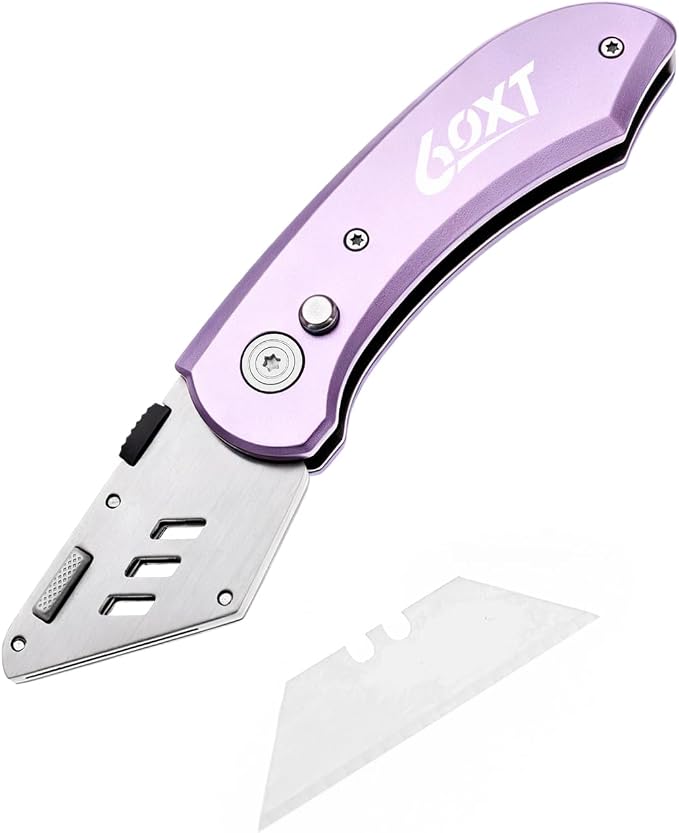 Utility Knife Folding Safety Lock Quick Change with 10 Extra SK5 Replacement Blade Lightweight Aluminum Handle & Pocket Clip Multi-Use Box Cutter Office Home Art Diy Great Gift Choice (New.Purple)