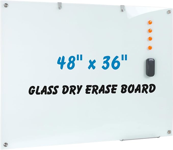 Wingwise Glass Dry Erase Board, 48 x 36 Inches Magnetic Glass Whiteboard | Frameless Glass Board, Wall Mount, 4' x 3', Frameless, For Office, Home, School