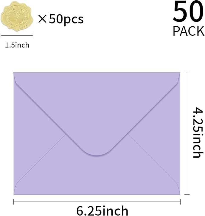 YINUOYOUJIA 4x6 Envelopes A4 Envelopes for Invitations (50, Lavender) | Golden Stickers with Envelopes,Self Seal,for Wedding, Invitations, Photos, Postcards, Greeting Cards, Mailing