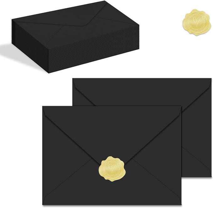 A2 Black Envelopes Thick invitation Envelopes 4.375"x5.75" 30 Pack | V-Flap,150GSM ,Protecting Privacy,for 4x5 Photos,Cards,Wedding Graduation Birthday,Announcements,Baby Shower,with Stickers