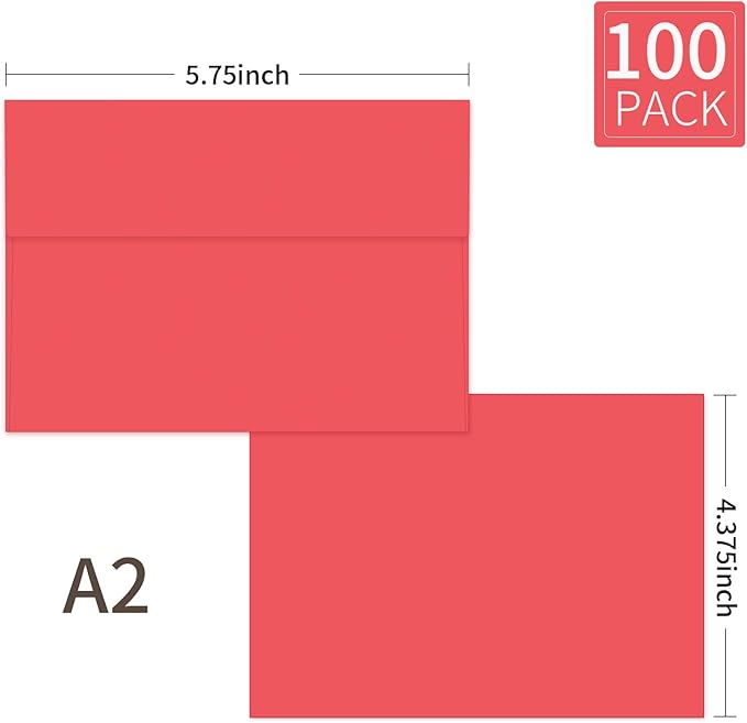 A2 Envelopes Red 100 Pack 4.375x5.75 Invitation Envelopes Self Seal for Wedding Birthday Party Baby Shower Thank You Notes, Greeting Cards (red)