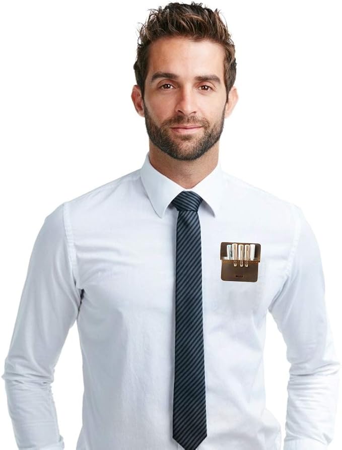 Men's Pocket Protector - Full Grain Leather - Heavy Duty Pen Holder for Shirts, Lab Coats - Holds 6 Pens & Pointers & Cards