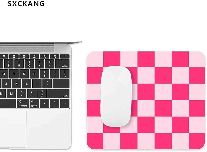 Hot Pink Mouse Pad, Aesthetic Checkered Mousepad, Cool Square Computer Mouse Mat Design, Girly Kids Girls Teen Pretty Modern Decorative Mouse Pads for Laptop Office, 9.5x7.9 inch