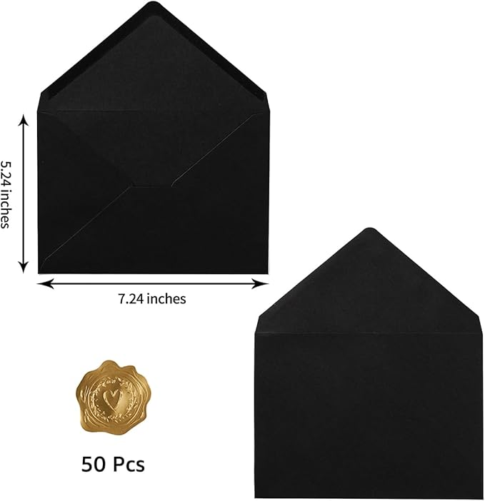 50 Pack A7 Colorful 5x7 Envelopes V Flap Invitation Envelopes for 5x7 Cards, Birthday, Weddings, Graduations, Greeting Cards, Baby Shower 5.24 x 7.24 Inches (Black)