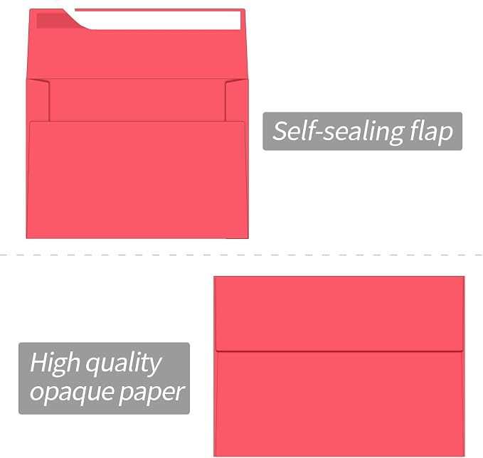 100 Packs Red 5x7 Envelopes, A7 Envelopes for Invitations | Self seal, Ideal for weddings/graduations/baby showers/ birthdays, 120g thick paper 5.28x7.13.