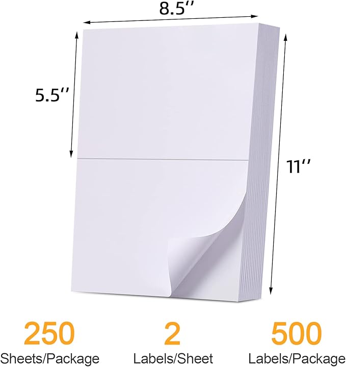 (500 Labels/250 Sheets) Labelebal Half Sheet Labels, Shipping Labels 2 Per Sheet for Laser & Inkjet Printers, 8.5" x 5.5" Address Labels, Totally 500 Pcs Half Sheet Shipping Labels