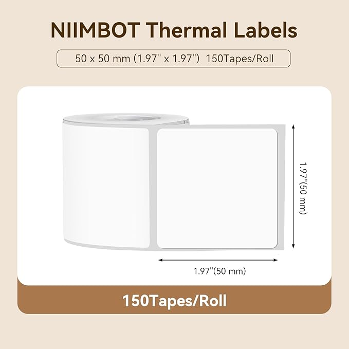 NIIMBOT Labels for B1/B21/B31 Label Maker, 50 x 50 mm (1.97'' x 1.97'') 150 Tapes/Roll, Thermal Label Tape, Waterproof, Oil-Proof for Home Office Small Business Labeling Tape Replacement(White)