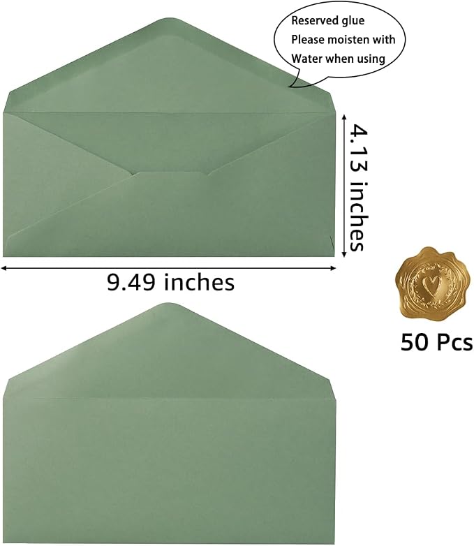 50 Pack Sage Green #10 Business Envelopes with Stickers, 4.13 x 9.49 Inches | Standard Envelopes V Flap, For Office, Business Letter, Letter Mailing