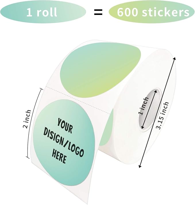 2 Inch Green Round Thermal Stickers - Multi-Purpose Direct Thermal Labels for DIY Logo Design, QR Code, Name Tags (600 Labels, 1 Roll)