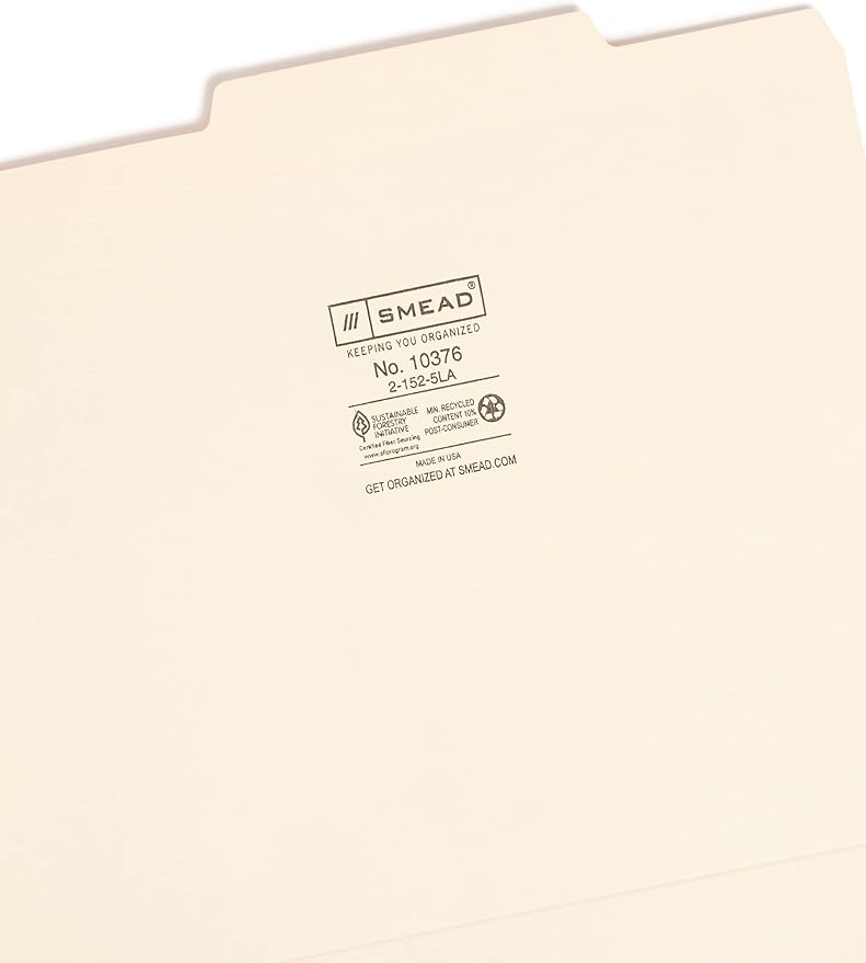 Smead File Folder, Reinforced 2/5-Cut Right of Center Position, Guide Height, Letter Size, Manila, 100 Per Box (10376)