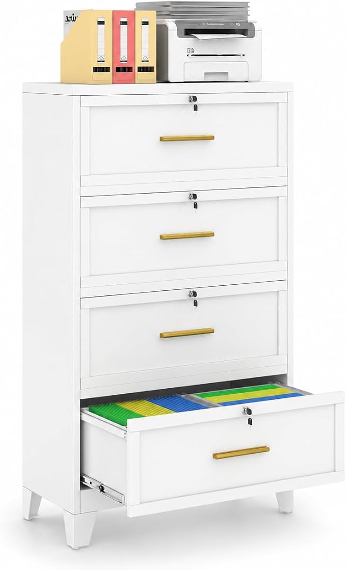 4 Drawer File Cabinet with Lock, Wide Metal Cabinet for Home Office | Wide lateral file cabinet for Letter, Legal, A4 and F4 hanging folders; individual locks, adjustable feet, anti-tip design